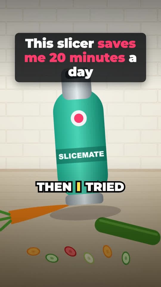 Product demo frame: banner hook “This slicer saves me 20 minutes a day” above a drawn green slicer