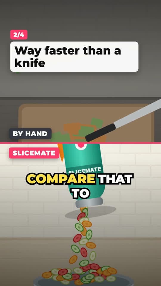 Product demo frame: selling point 2 of 4 “Way faster than a knife” with a by-hand versus slicer comparison