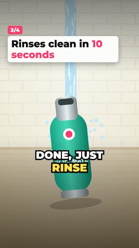 Product demo frame: selling point 3 of 4 “Rinses clean in 10 seconds” with the slicer under a tap