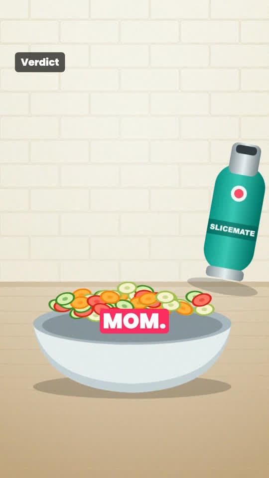 UGC frame: bowl of sliced vegetables, label “Verdict”, caption “mom”