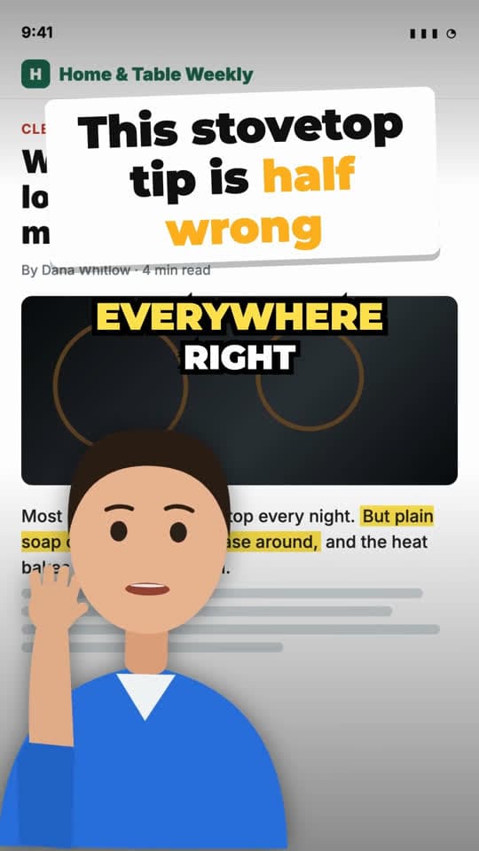Green screen frame: drawn presenter in the bottom corner, a fictional article behind, sticker title “This stovetop tip is half wrong”