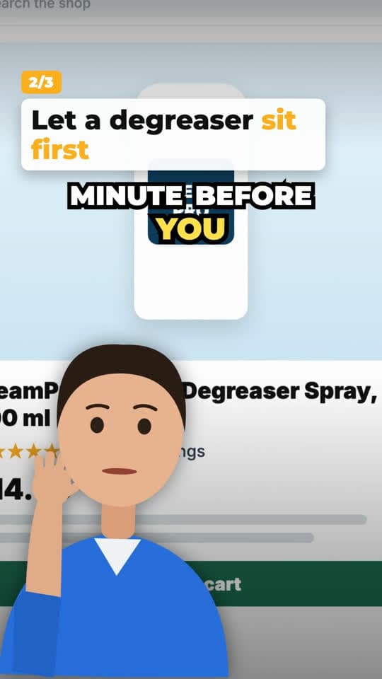 Green screen frame: presenter over a fictional product page, point card 2 of 3 “Let a degreaser sit first”
