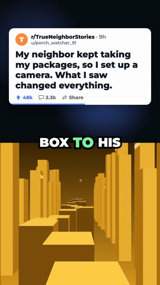 Split screen frame with an orange background and the caption “box to his”